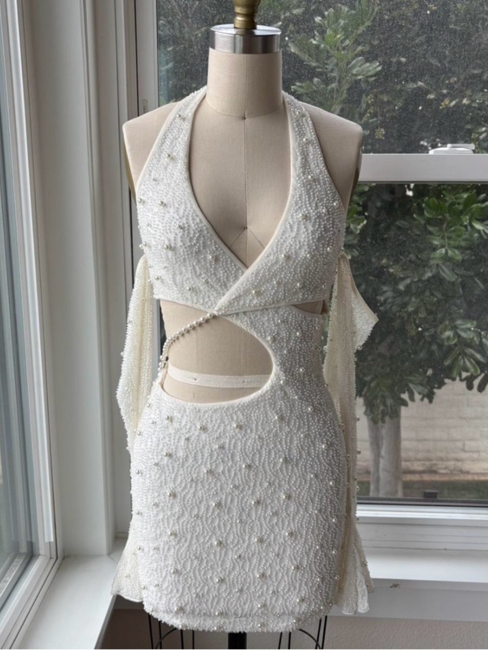 Oh Polly Ivory Pearl-Embellished Cutout Halter Mini Dress